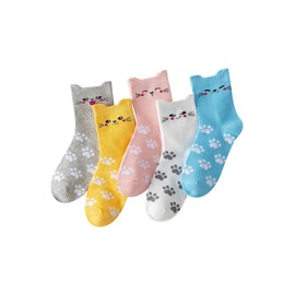 Women's Cute Cat Print Cotton Ankle Socks, Blue Yellow Pink, Soft Stretchy Paw Pattern Design, Comfortable Elastic (cat)