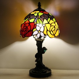 Small Tiffany Table Lamp Stained Glass Desk Lamp Red Yellow Rose Style Bedside Desk Light Mini Accent Desk Memory Lamp 8X15 Inch