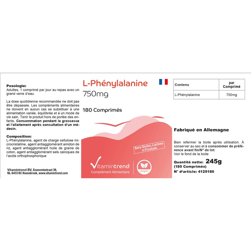 L-Phenylalanine 750 mg, 6-month supply, 180 tablets, vegan, high dose.