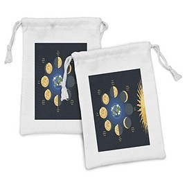Ambesonne Moon Phase Fabric Pouch Set of 2, Simplistic Infographic with Sun Earth and Lunar Movements Childish Doodle, Small Drawstring Bag for Toiletries Masks and Favors, 9" x 6", Multicolor