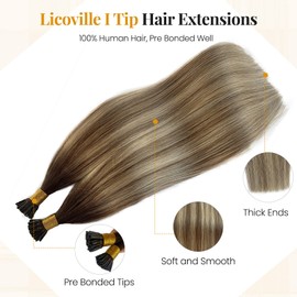 Licoville I Tips Human Hair Extensions Balayage Brown to Blonde Highlights Keratin I Tip Hair Extensions Real Human Hair 14 Inch Silky Straight Brown and Blonde I Tip Hair 50g