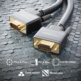 KabelDirekt – VGA monitor cable with full-metal connectors and high-purity copper conductors – 10m (Full HD, VGA to VGA, connects computers to screens/projectors, 15-pin D-Sub, Nylon braided)