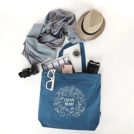 SKAPADORO Canvas Handbag with Large Zipper, 100% Cotton Inner Pocket, Unisex Printed Bag for Travel, College, Beach, Shopping, Easy to Wash, Trendy Everyday Shoulder Bag -, blue