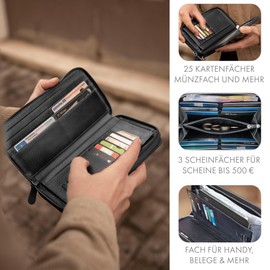 STILORD 'Thor' XXL Geldbörse Herren Leder Schwarz Lang Doppelter Reißverschluss RFID & NFC Große Brieftasche 25 Kartenfächer Handgelenktasche Echtleder mit Handschlaufe
