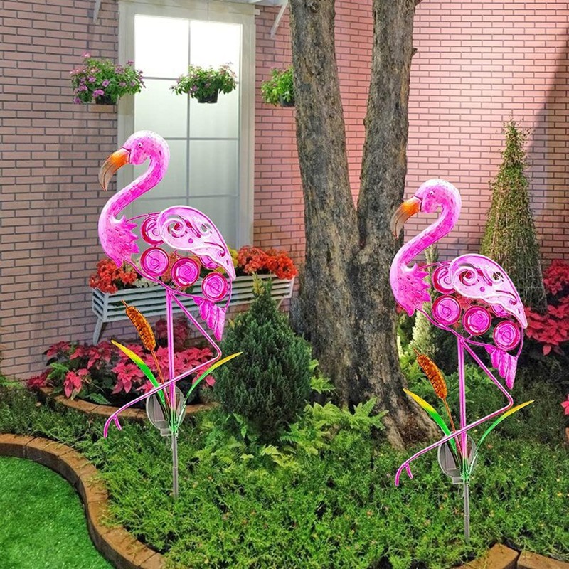 Outdoor Solar Garden Lights Hollow Metal Flamingo Lawn Light LED