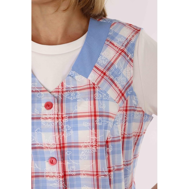 Schuerzenfabrik Button Gown Women's Mixed Fabric Checked Apron Sleeveless Cooking