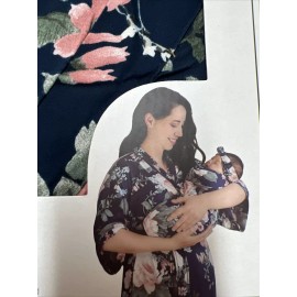 Mommy & Baby Soft Maternity Robe, Baby Swaddle & Headband Set S/M Navy Floral