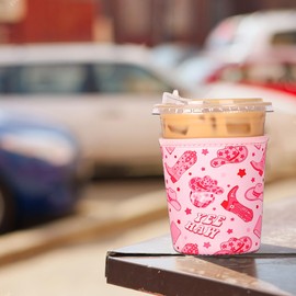 Reusable Insulated Neoprene Iced Coffee Cup Sleeve, Durable Drink Sleeve for Cold Beverages, Beverage Holder for iced coffee, Pink Cowgirl