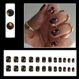 24PCS Dark Brown Press on Nails Short Square Fake Nails Press ons with Gold Foil Design Full Cover False Nails Glue on Nails Glossy Artificial Nails Stick on Nails for Women Girls Manicure