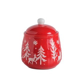 Christmas Tree Deer Scene Design Ceramic Jar, Red Ceramic Food Storage Jar, Cookie Jar with Lid Storage Container For Kitchen Counter (Red)