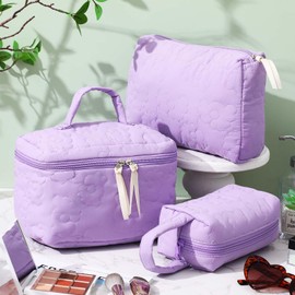 Paterr 3 Pieces Cotton Quilted Makeup Bag Set Coquette Cosmetic Bag Aesthetic Travel Toiletry Bags Cute Pouch Kawaii Aesthetic for Women (Purple Flower)