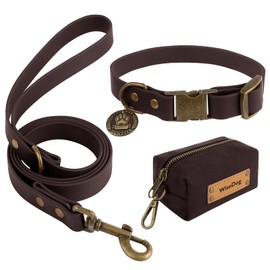 Wisedog Dog Collar and Leash Set, Waterproof Adjustable Puppy Collars with Cute Tag 4FT Dog Leash with Poop Bag for Small Medium Large Dogs (S, Brown)