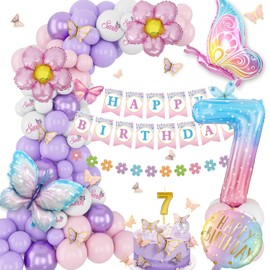 Birthday Decoration Girl 7 Years, Pink Purple Birthday Balloons, Butterfly Decoration 7th Birthday Girl, Set with Butterfly Foil Balloons, Happy Birthday Banner, Butterfly Sticker