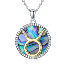 CTIEIP 0.05 Cttw Diamond Taurus Zodiac Sign Necklace with Abalone Shell for Women S925 Sterling Silver 12 Constellation Coin Disc Necklace Pendant