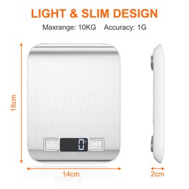 Newaner Electronic Kitchen Scales 10 kg / 1 g Stainless Steel Digital Scales with LED Display and Tare Function, Automatic Storage Scales with 6 Units of Measure, Weighing Food for Cooking, Baking,
