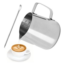 HYTTER Stainless Steel Milk Jug, Hands-Free Coffee, Milk Jug, Jug, Cup with Measurement Mark and Latte Art Pen, Milk Pitcher Carafes for (350 ml)