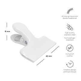 heimzeit Design Sealing Clips for Food Bags, Bags and Documents Made of High-Quality Stainless Steel in White [Pack of 12, 40 x 15 x 15 mm] Coloured Sealing Clips, Strong Spring Force