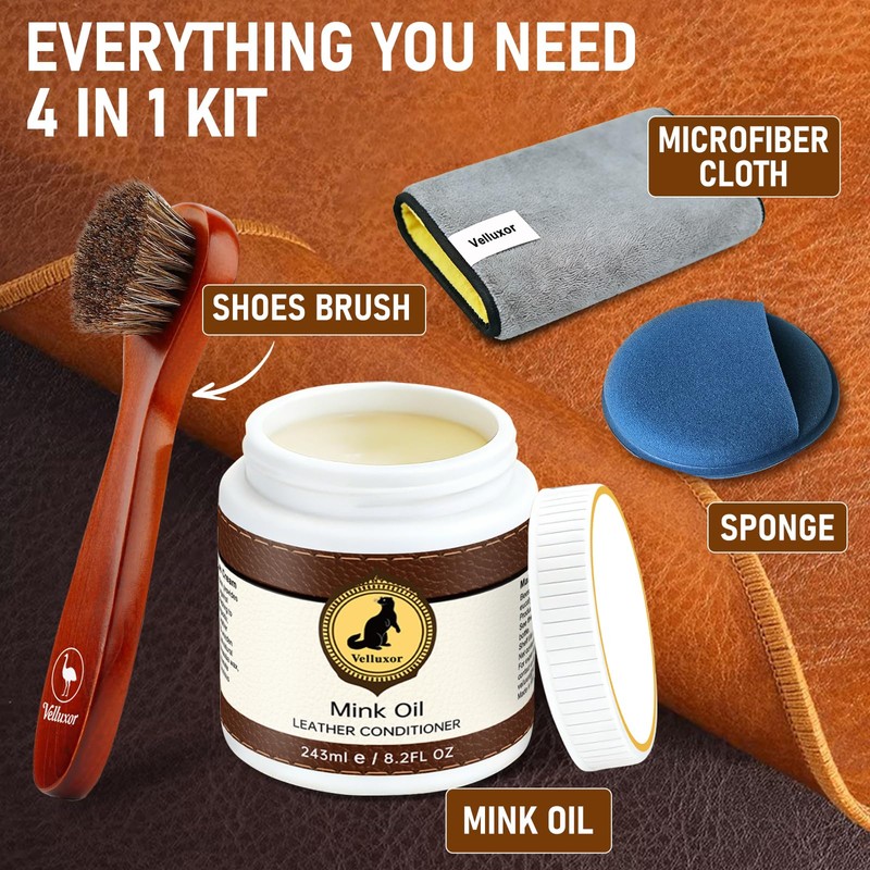 Velluxor 4-in-1 Natural Mink Oil 8.2oz Leather Cleaner and Conditioner,