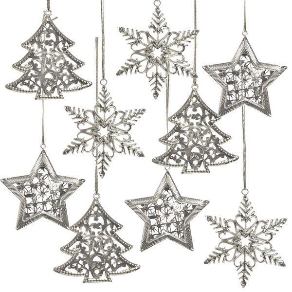 Logbuch-Verlag 9 Christmas Tree Pendants Set Silver Metal Christmas Decoration for Hanging 6-8 cm