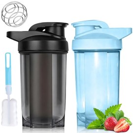 2 Pac Shaker Proteina 500ml, Shaker Proteína Gym para Suplemento Fitness y Deportes, Botella para Proteina con Mezclador Metálico Sin BPA, Antifugas y Fácil de Limpiar (Negro+Azul)