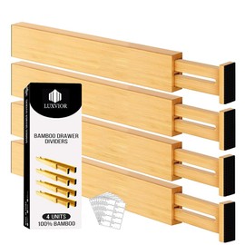 LUXVIOR Expandable Bamboo Drawer Dividers 4 pack with labels(17.5"-22") Drawer Organizer for Kitchen, Clothes,Utensils,Silverware,Dresser,Office,Desk,Bathroom,Spring Loaded Adjustable Separator