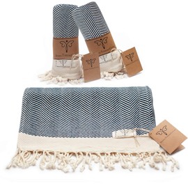 SMYRNA TURKISH COTTON Herringbone Series Hand Towels-Set of 2|16 x 40 in|100% Turkish Cotton|Large, Soft Hand and Head Towels for Bathroom, Kitchen|Don't Shrink|Premium Luxury - Navy