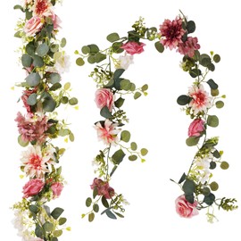 Beksodi 2Pcs Flower Garland Decorations, 12.27Ft Pink Flowers Rose Garland, Artificial Eucalyptus Greenery Vines with Floral for Wedding Wall Arch Table Centerpieces Backdrop Room Decor (Pink)