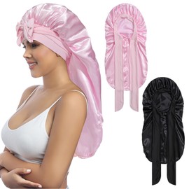 Coubeau Long Satin Sleep Cap for Women - High Quality Soft and Comfortable Fabric Suitable for Long and Curly Hair Elastic and with Adjustable Elastic Band