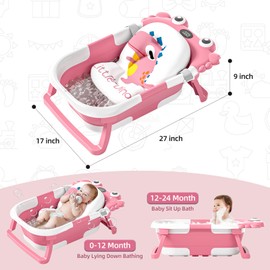 Collapsible Baby Bathtub for Newborns to Toddler with Real-time Temp Monitor & Floating Cushion,Portable Travel Tub for 0-36 Month, Foldable Baby Bath Tub for Infants Girl (Pink)