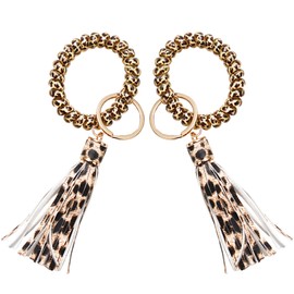 SOYCEV Stretchable Wristband Wristlet Keychain Leopard Print Keychain Wrist Key Chain Coil ​Wrist Keychain Leather Tassel Keychain Wrist Key Ring for Women Girls