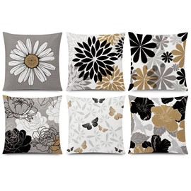 COMMINY Brown Black Pillow Covers 18x18 Set of 6, Daisy Flower Throw Pillow Cover Case Rustic Square Cushion Cover for Sofa Bedroom Living Room Farmhouse Home Decor