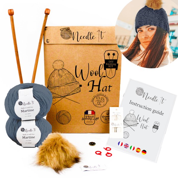 Needle It® Grey Hat Knitting Complete Kit - DIY Wool Hat for Kids and Adults - Complete Kit with Needle, Ball and Instructions - French Wool