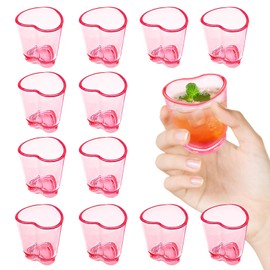 Fracurs 12 Pcs Pink Heart-Shaped Plastic Shot Glasses, 1.5 Oz Reusable Beer Mugs, Cute Tasting Glasses for Beer, Juice, Cocktails, and Parties