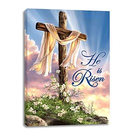 Crafted Creations Blue and Brown 'He is Risen' Rectangular Canvas Wall Art Decor 24" x 18"