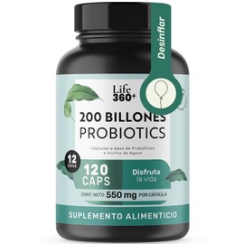 LIFE 360 Suplemento Alimenticio 200 Billones Probiotics, 120 Cápsulas  Contiene inulina de agave y probióticos, con aporte de 200 Billones de UFC.... 