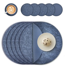 Round Placemats and Coasters Set of 6, Floral Leather Table Place Mats 34cm Dual Sided Placemats Non-Slip Heat Resistant Placemats Kitchen Coffee Table Mats Washable (Dark Blue)