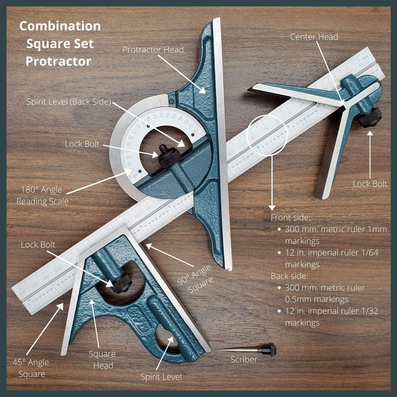 Combination Square Set with Protractor, Woodworking Square, Carpenter Square, 12’’