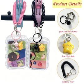 2 Pcs Photocard Holder Keychain,Cute K-pop Photocard Holder Keychain with Star Bell Keychain Pendant,Transparent Photo Keychain Holders for Student/ID/Credit/Bus Cards,Ideal Gift for Fans(Black/Pink)