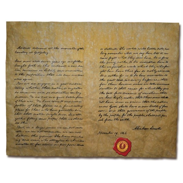 Gettysburg Address, Authentic Replica Printed on Antiqued Genuine Parchment. 14 X 11