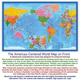 2-Sided Desk Map with Durable Lamination (2 Desk Maps: US Map/US Centered World Map)