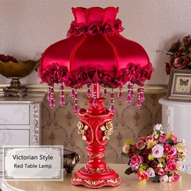 OTTOSON Red Victorian Lamp Antique Fabric Table Lamp European Pastoral Night Stand Lamp 1 Head Flower Floral Table Light with Beaded Fringe and Lace