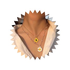 Cybche Boho Layered Daisy Flower Choker Necklace Gold Station Pearl Chain Necklace Daisy Pendant Necklace Enamel Daisy Flower Necklace Jewelry for Women