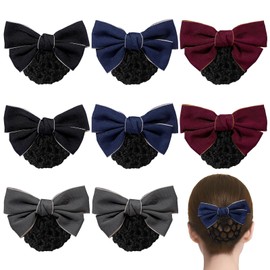 8 Pieces Bowknot Hair Snood Net for Women, Professional Hair Bun Holder Covers Elastic Mesh Hairnets Barrette Bow Decor Hair Clips Hairpins with Net for Air Hostess Bank Hotel Staff, 4 Colors
