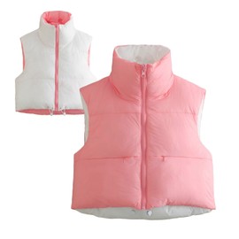 Gudaoprm Reversible Cropped Puffer Vests for Women Stand Collar Zip Up Lightweight Outerwear Vests Gilet with Pockets (Medium,PinkWhite)