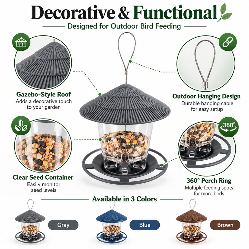 Hanging Bird Feeder for Wild Birds – Gazebo-Style Plastic Seed