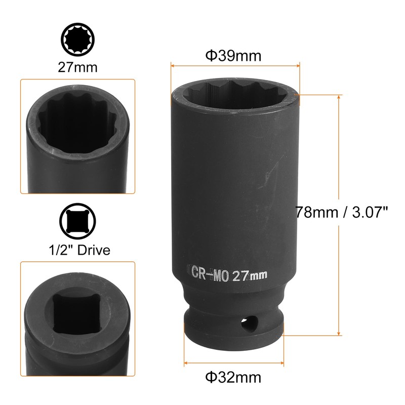 sourcing map 2Pcs 12-Point Deep Impact Socket 1/2 Inch Drive