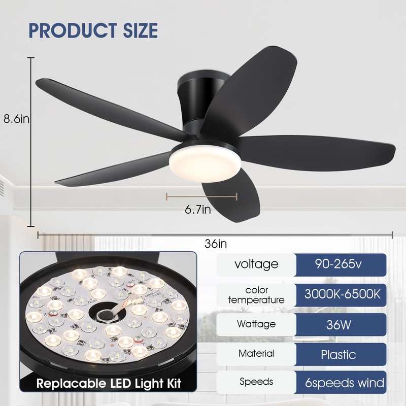 Surtime Ceiling Fans with Lights-36 Low Profile Ceiling Fan with