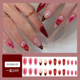 Medium Almond Press on Nails RIICFDD Wine Red Fake Nails Flower Art Press ons with Leopard Print Nail Tips Designs Glossy Fall False Nails Full Cover Stick on Nails for Women Manicure 24Pcs
