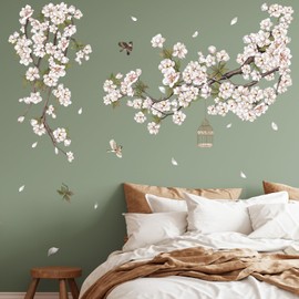 decalmile Large Flower Tree Branch Wall Decals White Blossom Floral Birds Wall Stickers Living Room Bedroom Office Wall Decor
