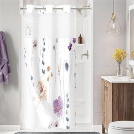 Gibelle Small Stall No Hook Floral Shower Curtain with Snap-in Fabric Liner Set - 36" x 74"(72"), Hotel Style Purple Beige Flower Shower Curtain with See Through Top Window, Waterproof & Washable